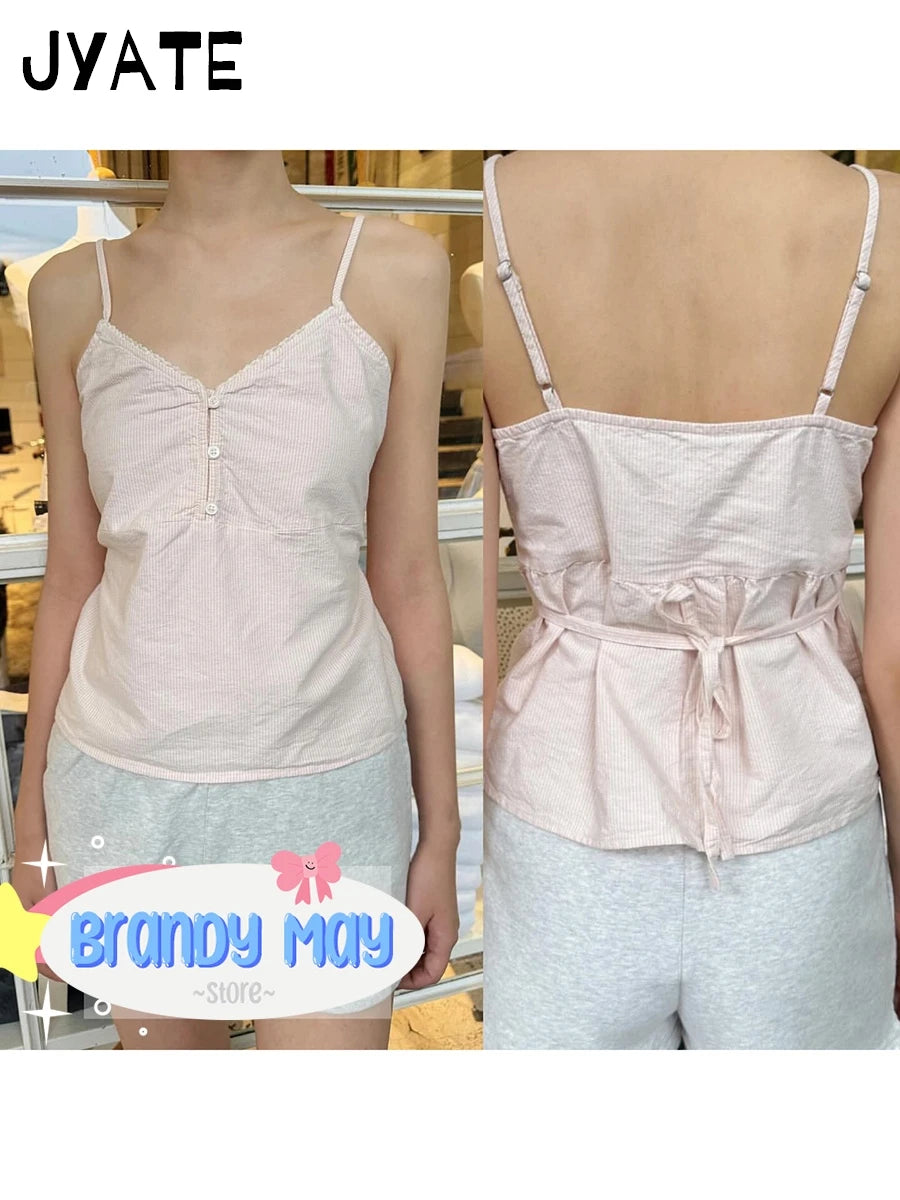 Pink Striped Buttons Tank Tops Women New Casual V-neck Lace Trim Preppy Style Sleeveless Vests Sweet Cute Vintage Camisole Y2K