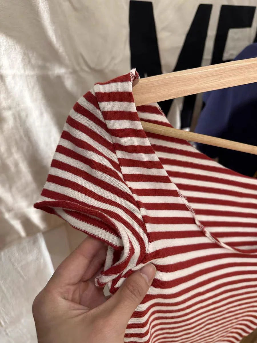 Red Striped T-shirt Women Sexy Slash Neck Raw Hem Slim Cotton Short Sleeve Tee Shirts Female Summer Vintage Tshirt Y2K Tops New