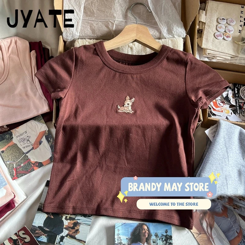 Little Deer Embroidery Crop Tops Women New Cotton Soft Casual Simple Cute Slim Short Sleeve Tees Preppy Style Sweet T-shirts Y2K