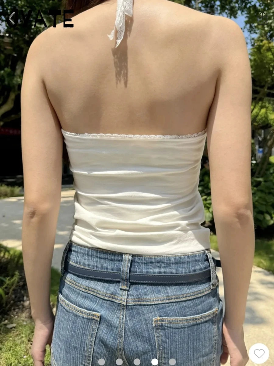 Sweet Lace Trim Halter Tank Tops Woman Summer Cotton Bow Sexy V-neck Slim Casual Cropped Vests Vintage Preppy Style Camisole Y2K