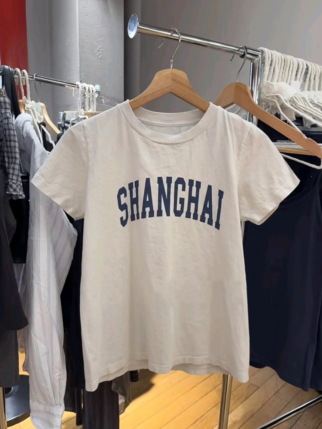 SHANGHAI Print Cement Gray T-shirts Women Casual Letter O-neck Short Sleeve Cotton Tee Shirts Vintage Chic Tshirts Y2k Tops
