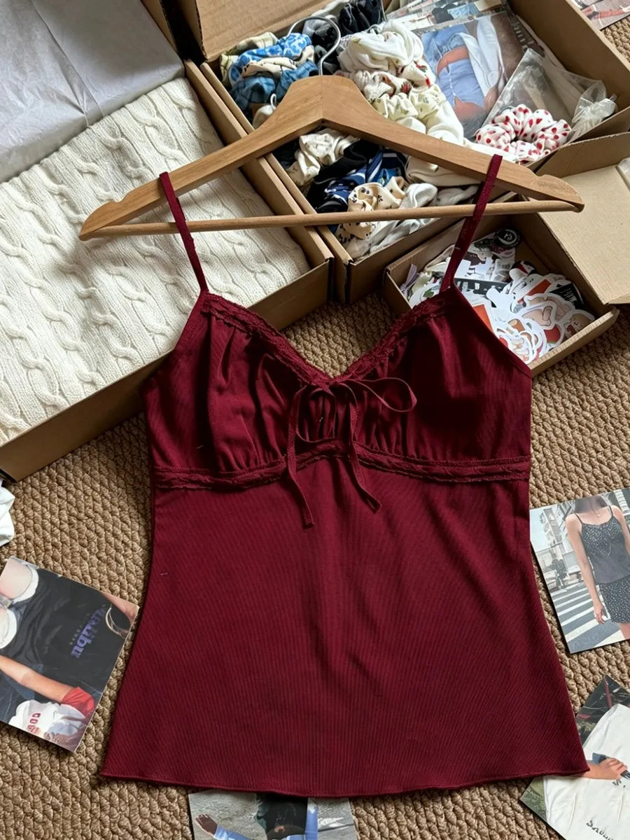 Solid Lace Trim V-neck Tank Tops Women Summer Casual Simple Lace-up Cotton Slim Sleeveless Vests Sweet Cute Elegant Camisole Y2K