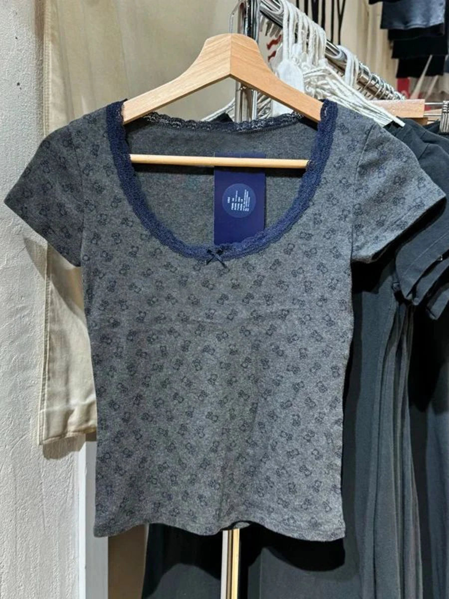 Dot Print Lace Trim Patchwork T-shirts Women New Cotton Casual O-neck Short Sleeve Tees Sweet Preppy Style Cute Tshirt Y2K Tops