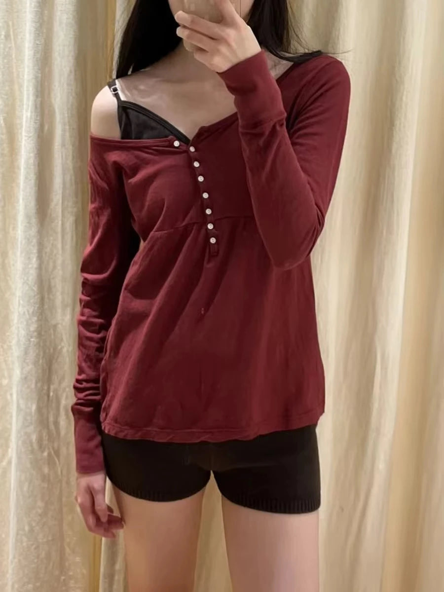 Buttons Burgundy Long Sleeve T-shirts Woman Spring O-neck A-line Cotton Tee Tops Female Casual Simple All-match Tshirt