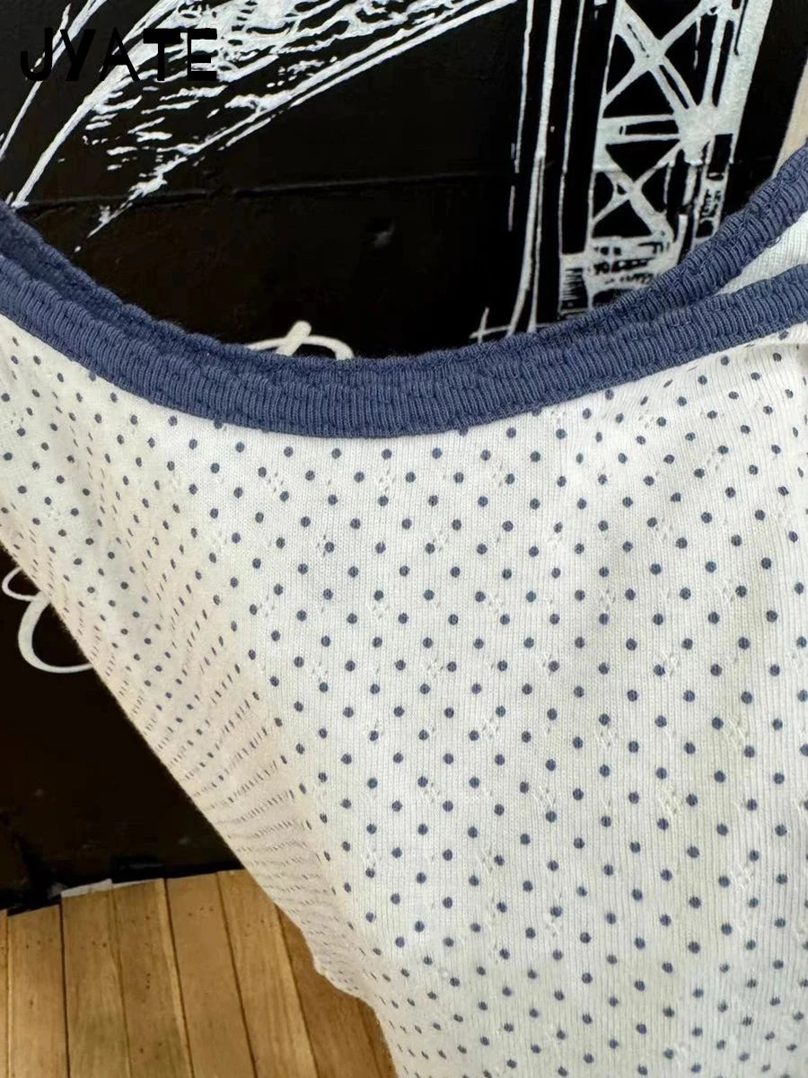 Blue Polka Dots Print Tank Tops Women New Casual Cotton Slim Patchwork Hollow Out Sleeveless Vests Vintage Sweet Cute Camis Y2K