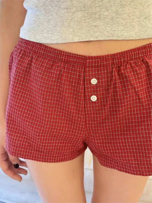 Plaid Buttons Home Shorts Women Summer Cotton Elastic High Waist Short Pants Sweet Vintage Harajuku Straight Sweatshorts Y2K