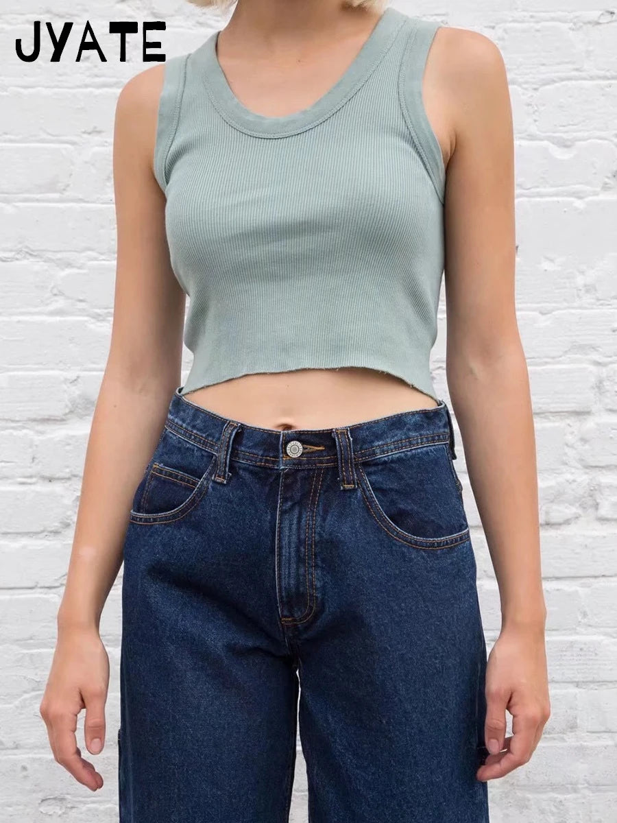 Simple Ribbed U-neck Crop Tops Women New Cotton Casual Slim Preppy Style Sleeveless Cropped Vest Vintage Basic Chic Tank Top Y2K