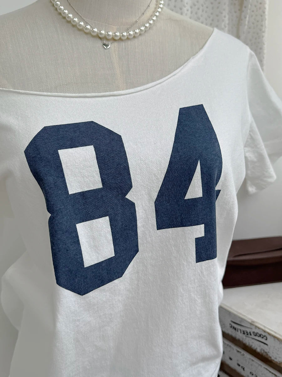 84 Print White Crop Top for Woman Summer Chic Slash Neck Raw Hem Cotton T-shirts Female Fashion Streetwear Short Tee Tops y2k