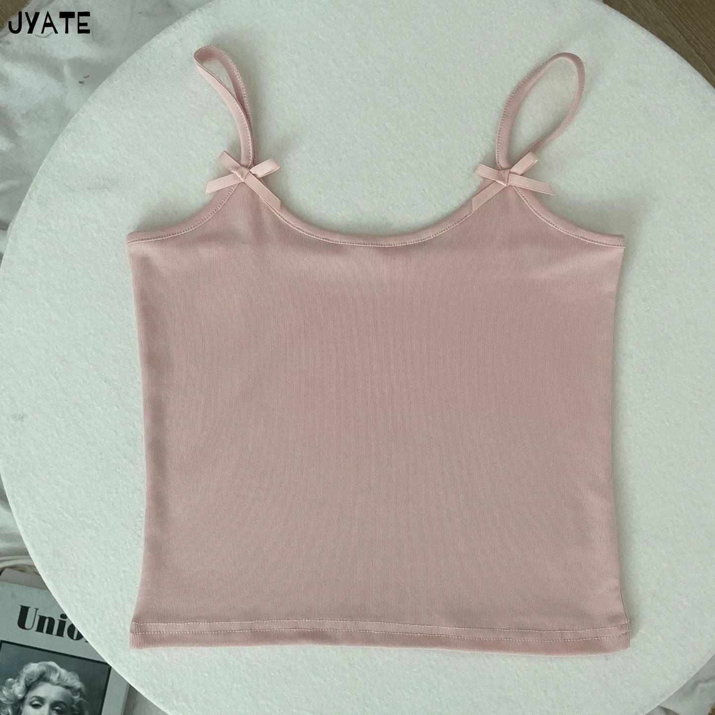 Simple Solid Bow U-neck Tank Tops Women Summer New Cotton Soft Slim Preppy Style Cropped Vests Vintage Basic Sweet Camisole Y2K
