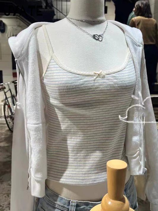 American Blue Striped Hollow Out Tank Tops Women Summer New Cotton Bow Lace Trim Sleeveless Vests Sweet Cute Vintage Camis Y2K