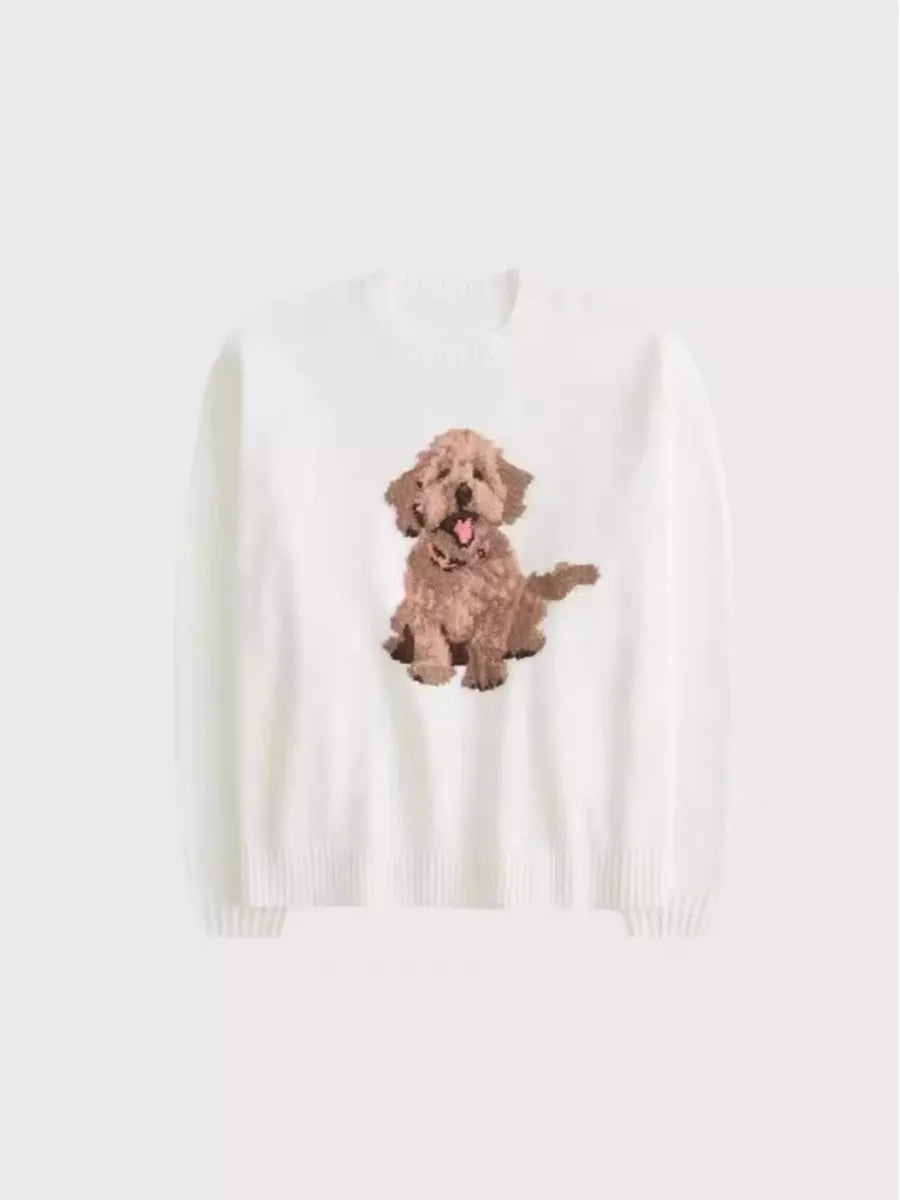 Cute Dog Graphic Knitted Sweater Women Autumn O-Neck White Long Sleeve Pullover Tops Female Preppy Style Loose Casual Jumper New
