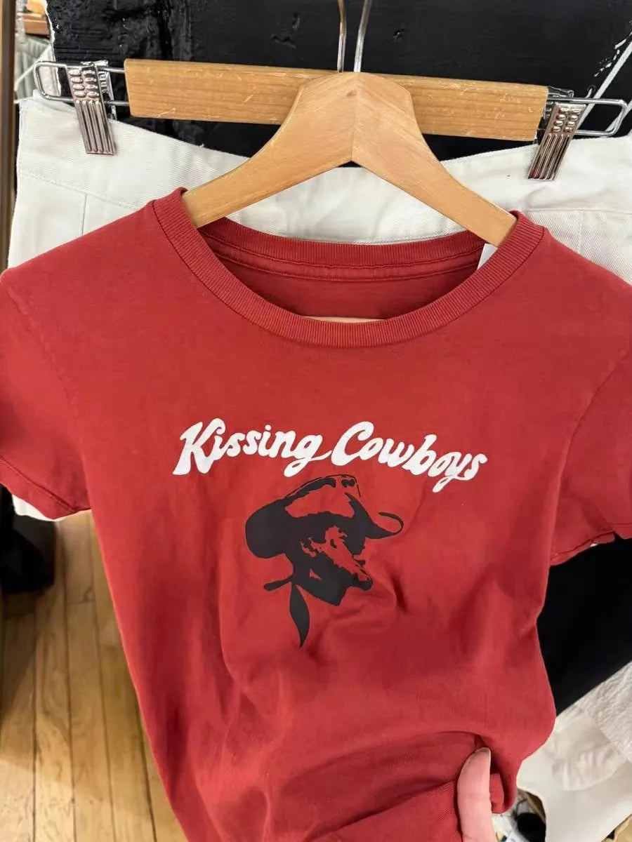 Red Cowboy Print Cotton T-Shirt Women Summer New Casual O-neck Short Sleeve Tee Shirts Vintage Preppy Style Cute Tshirt Y2K Tops