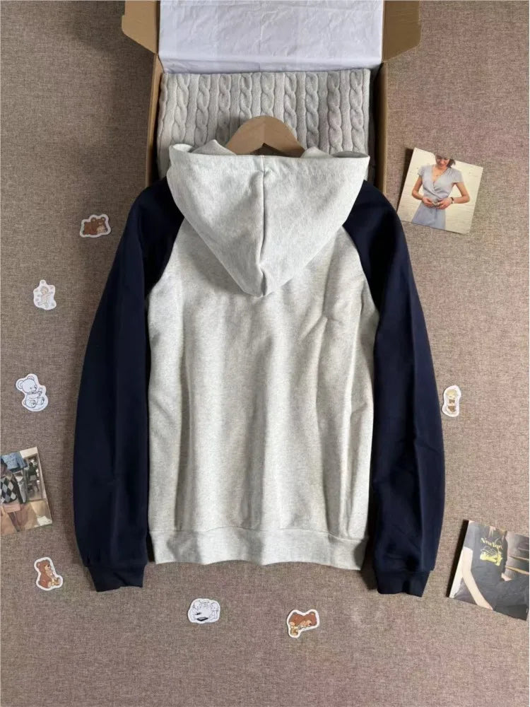 NO.28 Patchwork Long Sleeve Sweatshirts Tops Women New Cotton Slim Chic Pocket Zip-up Pullover Coat Vintage Preppy Style Hoodie