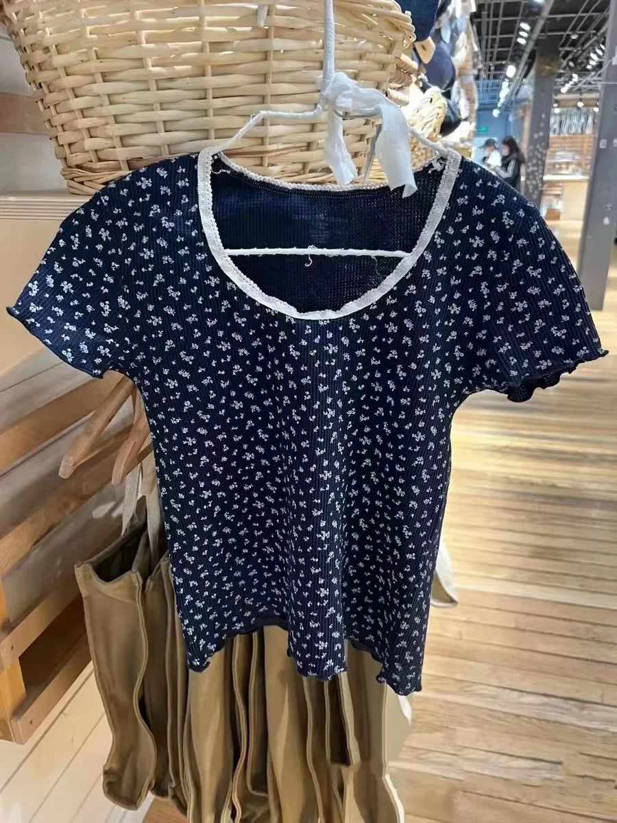 Vintage Floral Print Blue Lace Trim T-shirts Women Summer Waffle Casual Short Sleeve Tee Female Cute Sweet Chic Tops Y2K Clothes