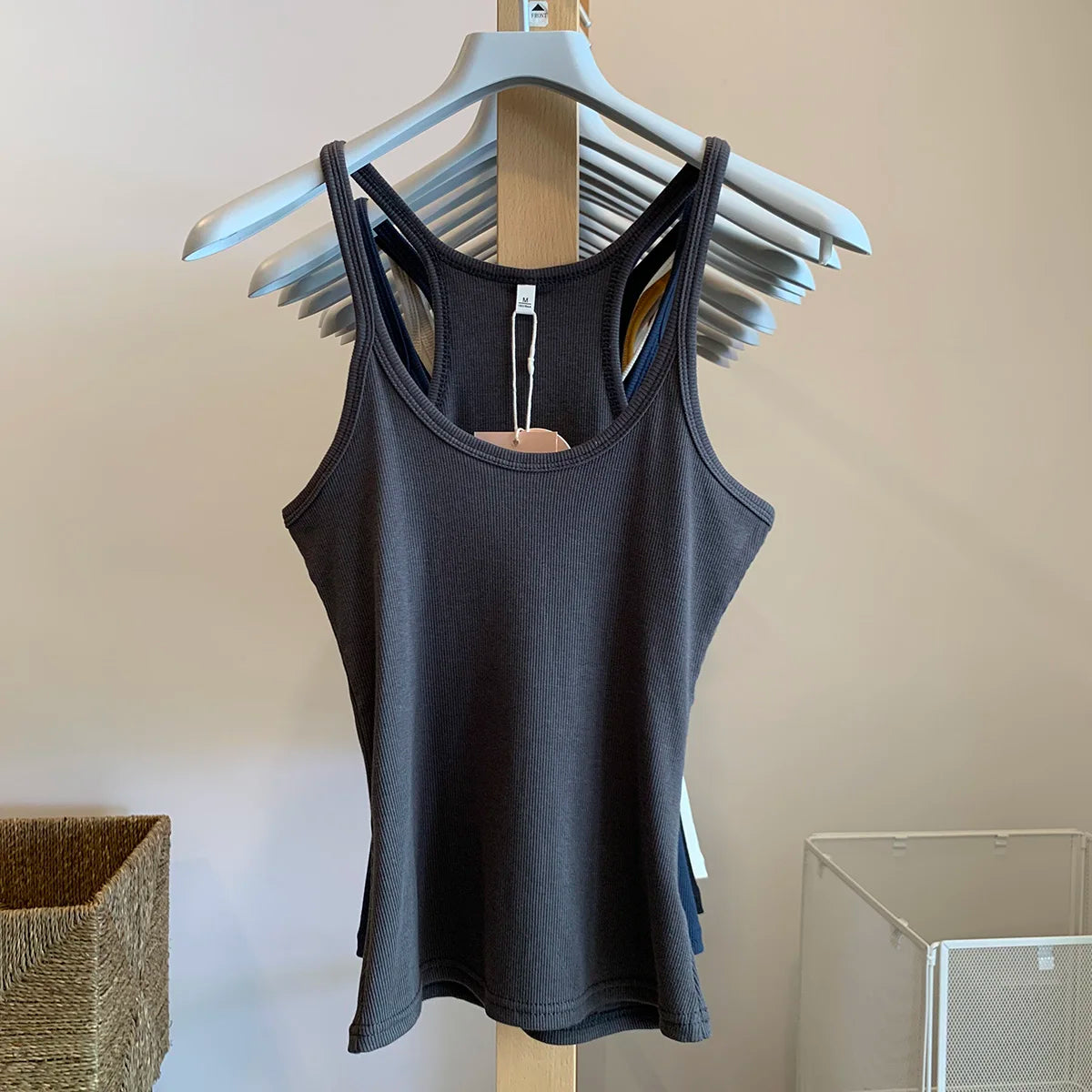 Vintage Solid Ribbed U-neck Tank Tops Women Summer New Streetwear Basic Sleeveless Vests Sweet All-matchCasual Slim  Camisole