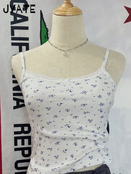 Blue Floral Bow Lace Trim Sexy Slim Tank Tops Women Summer Cotton Eyelet White Sleeveless Crop Top Sweet Cute Casual Camis Y2K