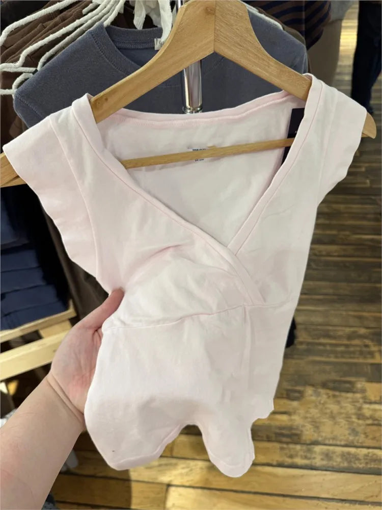 Pink V-neck Sleeveless T-shirts Women Summer Casual Fairy Style Slim Cotton Crop Tops Female Sweet Cute Streetwear Vests Y2K