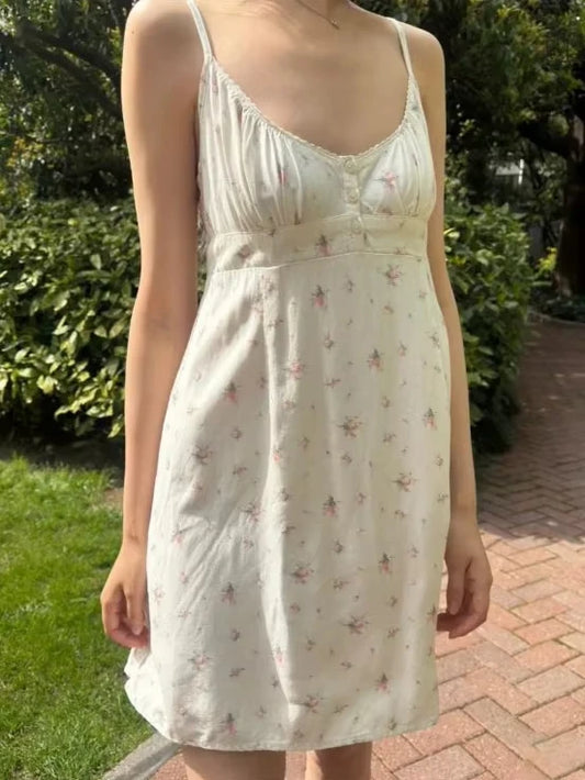 Floral Print Lace Trim V-neck Mini Dress Women Summer Casual Buttons A-line Short Vestidos Cute Sweet Preppy Style Y2K Dresses