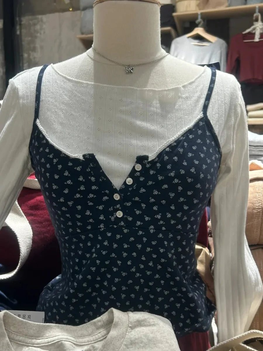 Navy Polka Dot Slim Crop Top Women Lace Trim Two Buttons Cotton Cropped Camisole Female Sweet Cute Preppy Style Tank Tops OOTDS