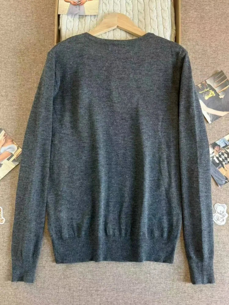 Gray V-neck Sweater Women Spring Streetwear Simple Cotton Slim Long Sleeve Knitted Tops Vintage Chic Y2K Sweaters