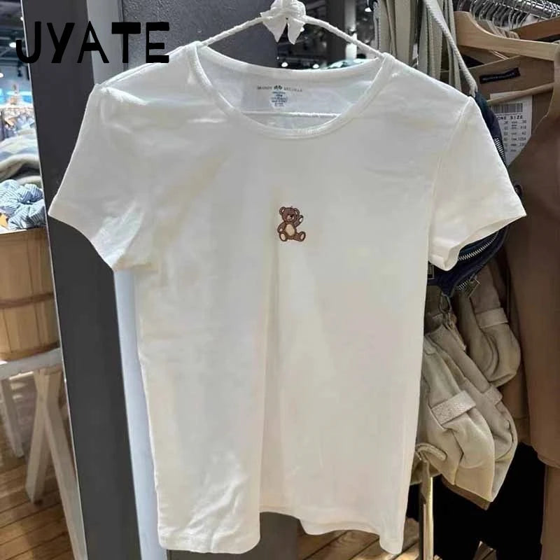 Vintage Red Letter Flag Embroidery Cotton T-shirt Women O-neck Summer Short Sleeve Tee Shirt American Slim Casual Crop Y2K Top