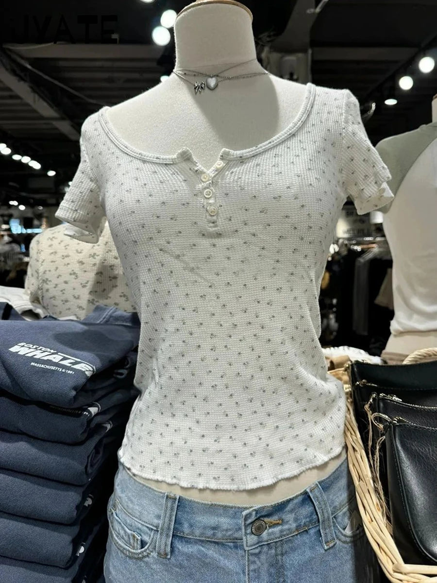 Sweet Blue Floral Waffle O-neck T-shirts Women New Casual Simple Buttons Slim Short Sleeve Tees Preppy Style Cute Y2K Crop Tops