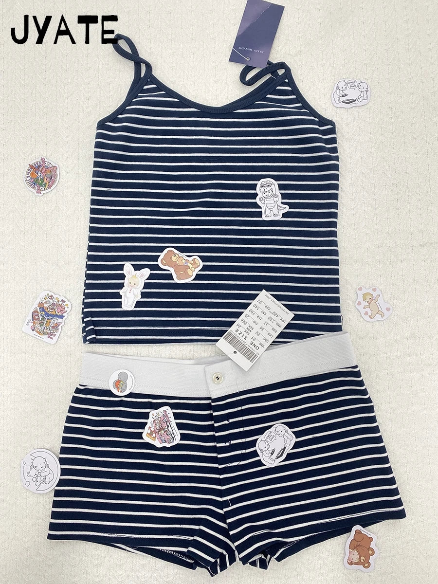 Navy Striped T-shirts Shorts 2 Pieces Set Women New Slim Cotton Soft O-neck Tee+Button Straight Short Pant Sweet Pajama Sets Y2K