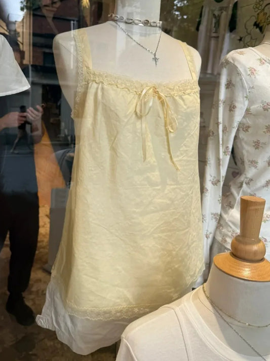 Butter Yellow Lace Trim Long Camisole Women Summer Casual Streetwear Simple Thin Bow Square Neck Tank Tops Sweet Cute Y2K Vests