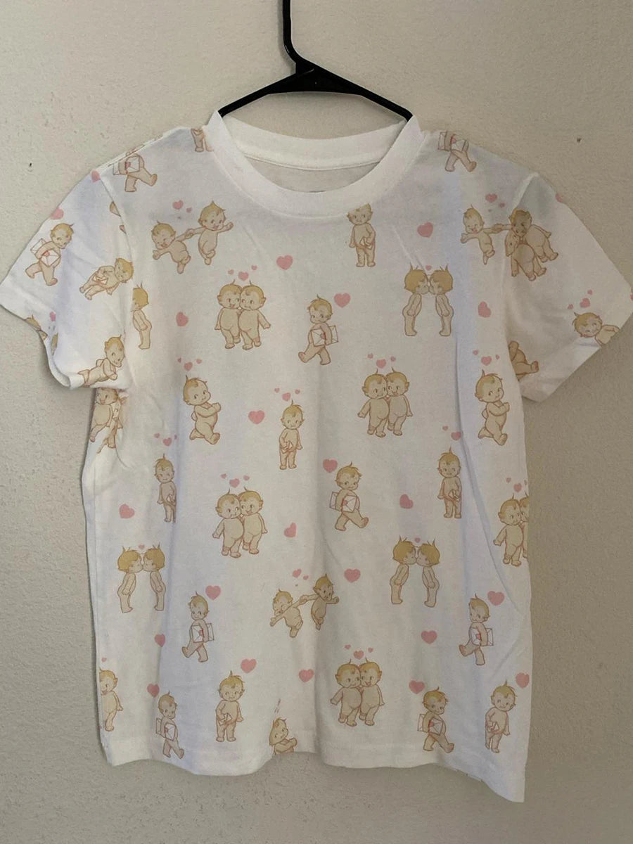 Angel Print T-shirt Pant Pajama Set Woman Short Sleeve Tee+Drawstring Straight Trousers Sweet Cute Cotton Home 2 Piece Sets