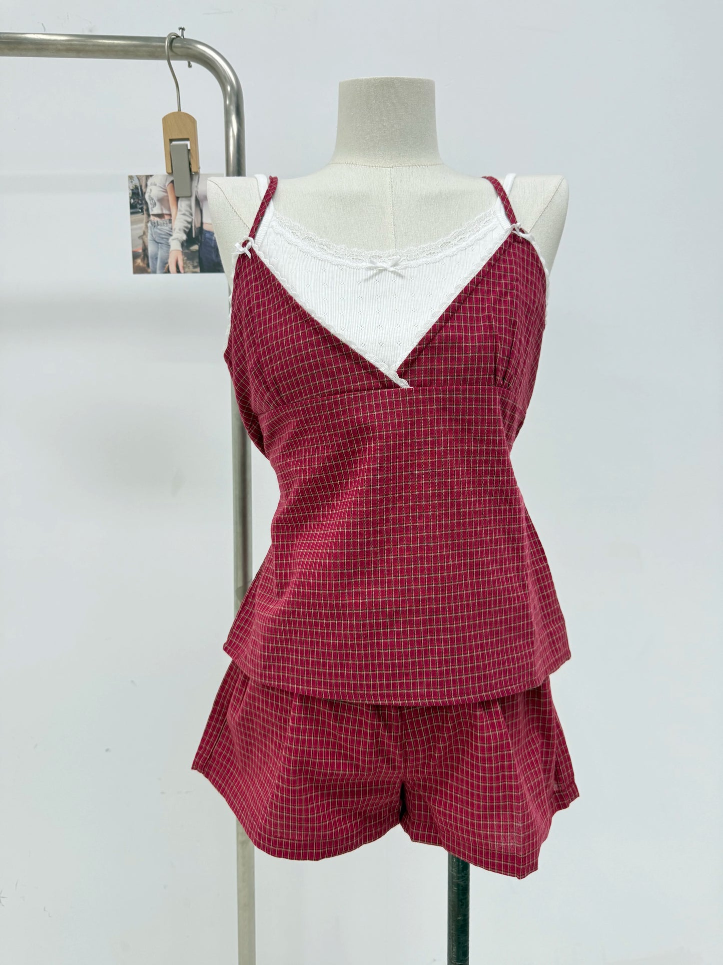 Pink Striped Lace Trim Tank Shorts Set Suit Women New Button Camisole +Elastic Waist Short Pant Sweet Cute Home 2 Piece Sets Y2K