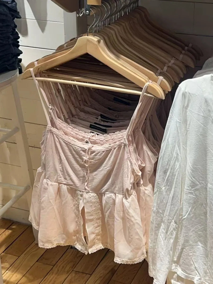 Pink Square Neck Halter Strap Camisole Women Summer Cotton Lace Trim See-through Sleeveless Vests Sweet Vintage Chic Tank Tops