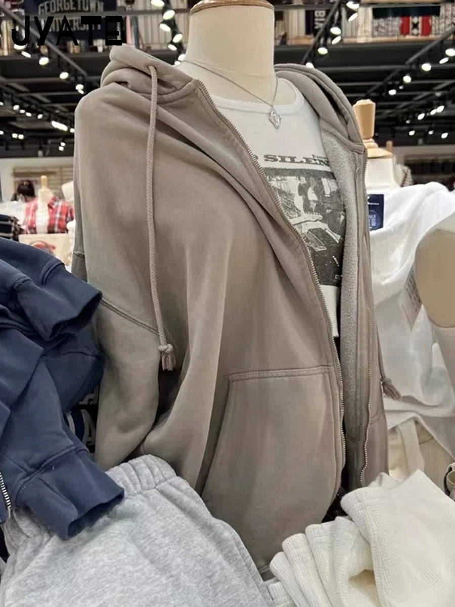 Vintage Solid Cotton Zipper Hooded Sweatshirts Women Pockets Drawstring Basic Loose Hoodie Tops Casual Simple Chic Hoodies Coat