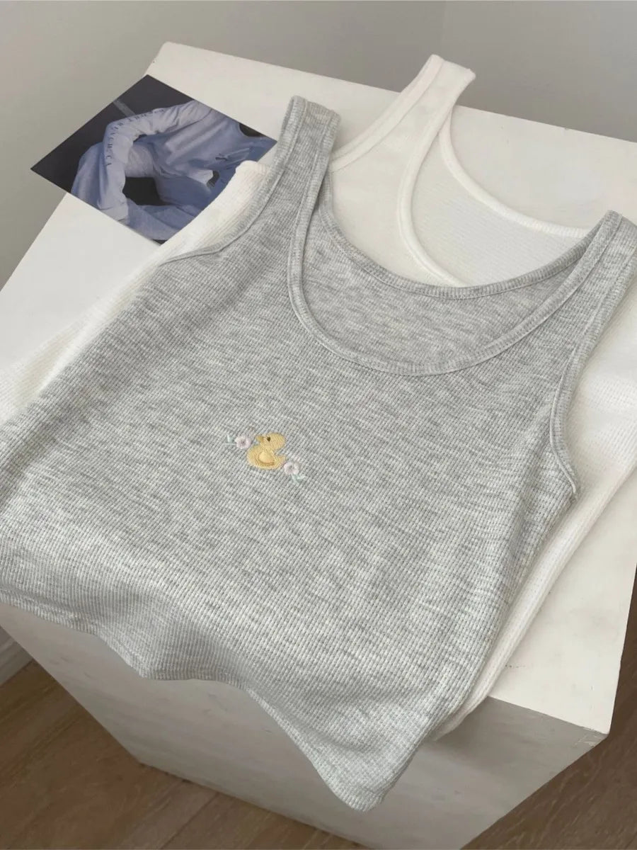 Cute Little Duck Embroidery Tank Tops Women Summer New Cotton Casual U-neck Sleeveless Vests Simple Basic Sweet Camisole Y2K Top