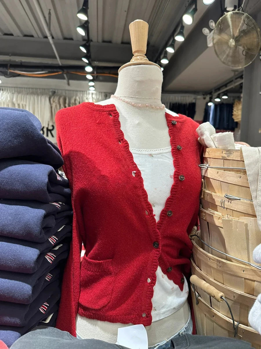 Christmas Red Pockets Slim Knitted Cardigan Woman O-Neck Long Sleeve Cotton Sweaters Sweet Preppy Style Knitwear Coat Tops