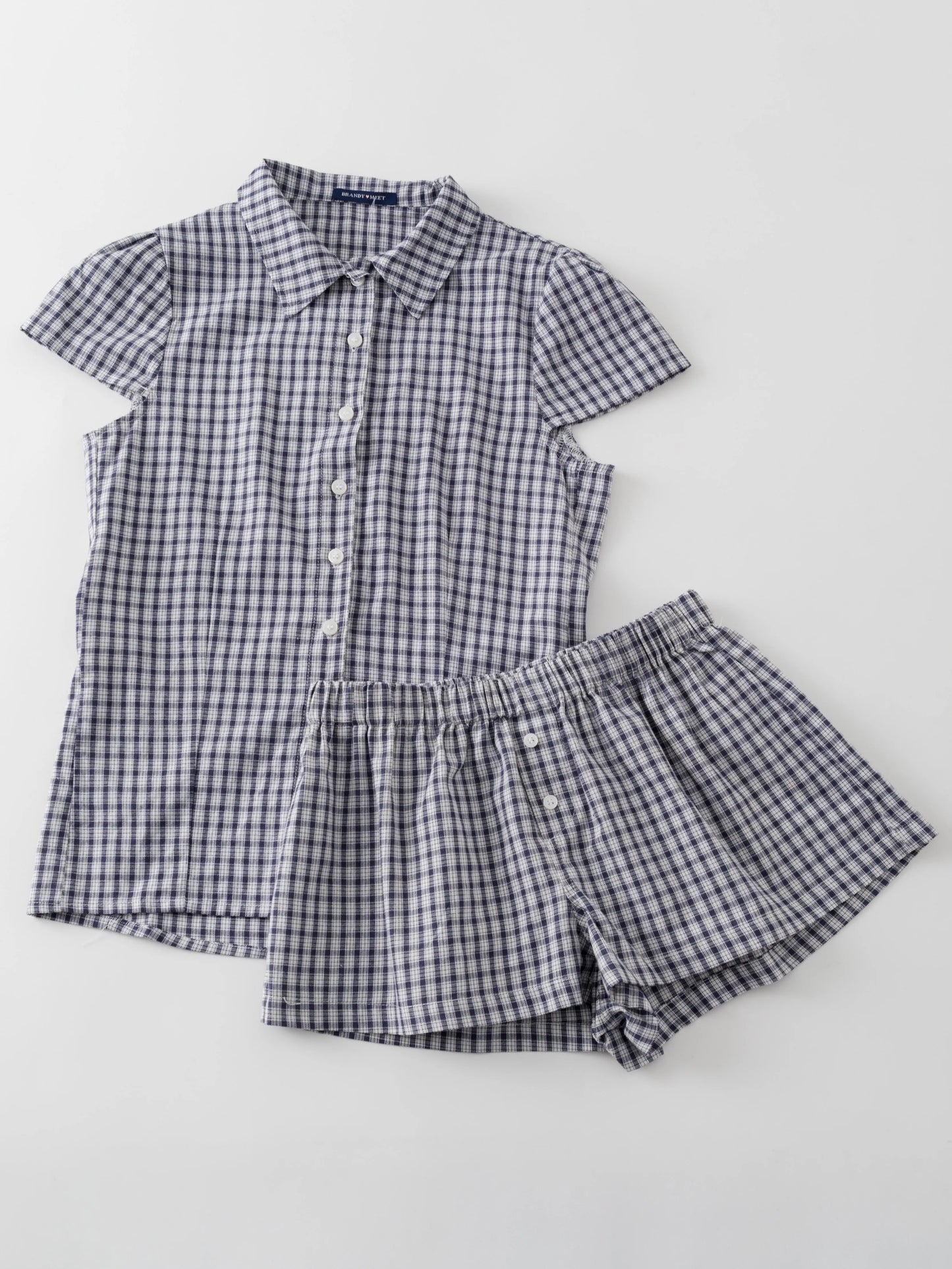 Plaid Buttons Blouse T-shirt Short Sets Women Slim Short Sleeve Tees+Straight Sweatshorts Sweet Home Pajama 2 Piece Outfits Y2K