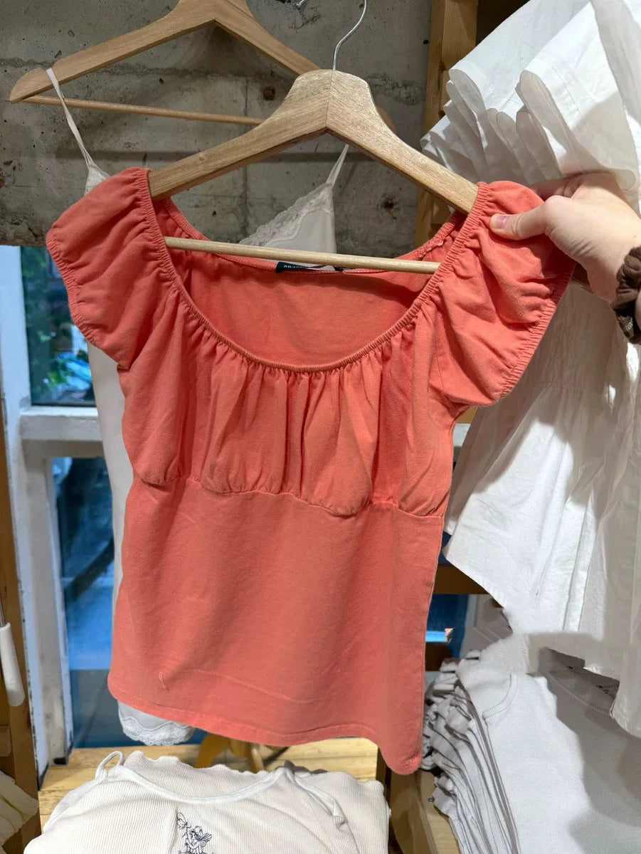 Ruffle Slim Short Sleeve Tee Women Summer Square Collar Cotton Mesh Folds T-shirts Female Aesthetic Sweet Cute Y2K Tops