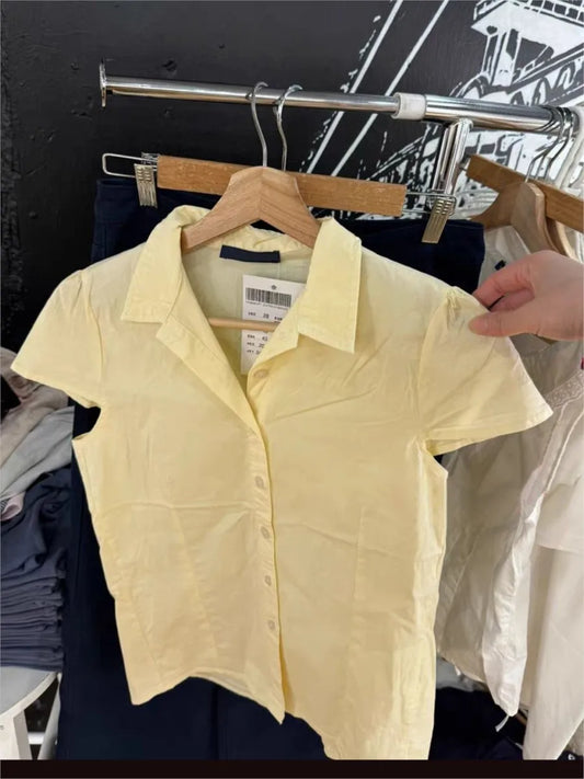 Butter Yellow T-Shirts Blouse Women Summer Turn Down Collar Single Breasted Short Sleeve Tees Sweet Cute Vintage Tshirt Y2K Tops