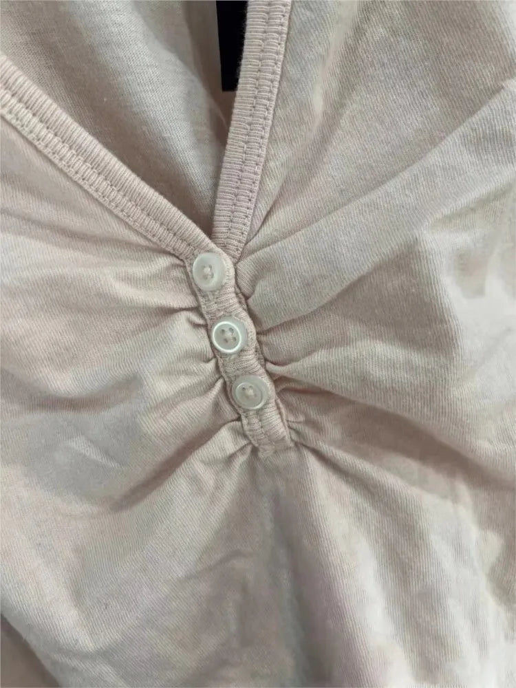 Sweet Pink V-neck Buttons Fold T-shirts Women Summer Casual Cotton Slim Short Sleeve Tee Simple Cute All-match Tshirt Y2K Tops