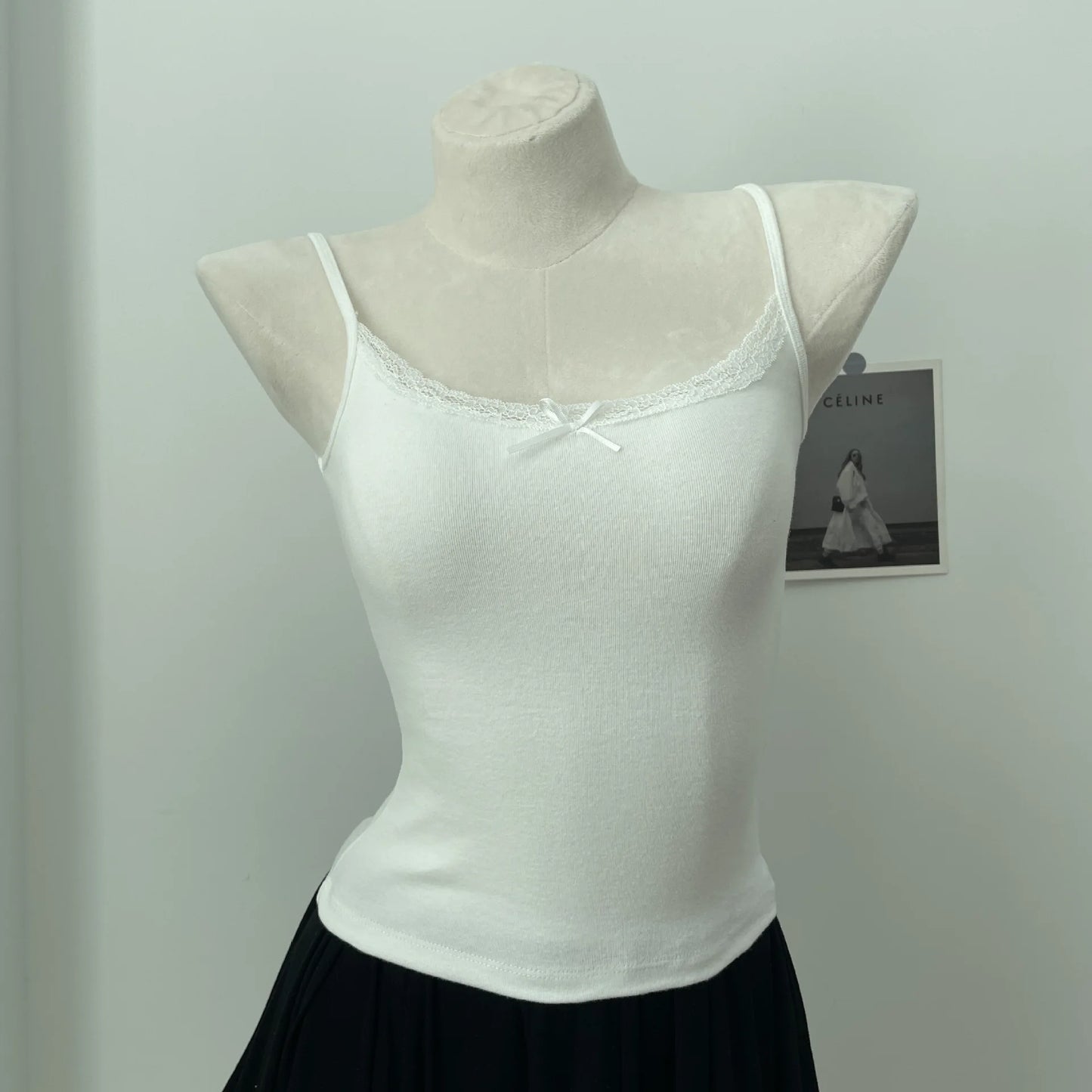 Cute Cotton Soft Lace Trim Tank Tops Women New Summer Solid Chic Bow Slim Cropped Vests Sweet Preppy Style Casual Camisole Y2K