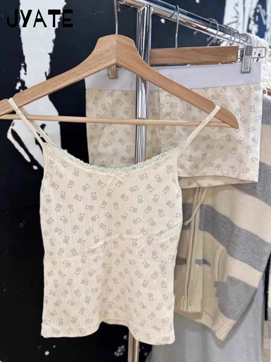 New Cute Little Deer Print Camisole Women Summer Cotton O-neck Simple Casual Slim Cropp Vests Sweet Vintage Chic Tank Tops Y2K
