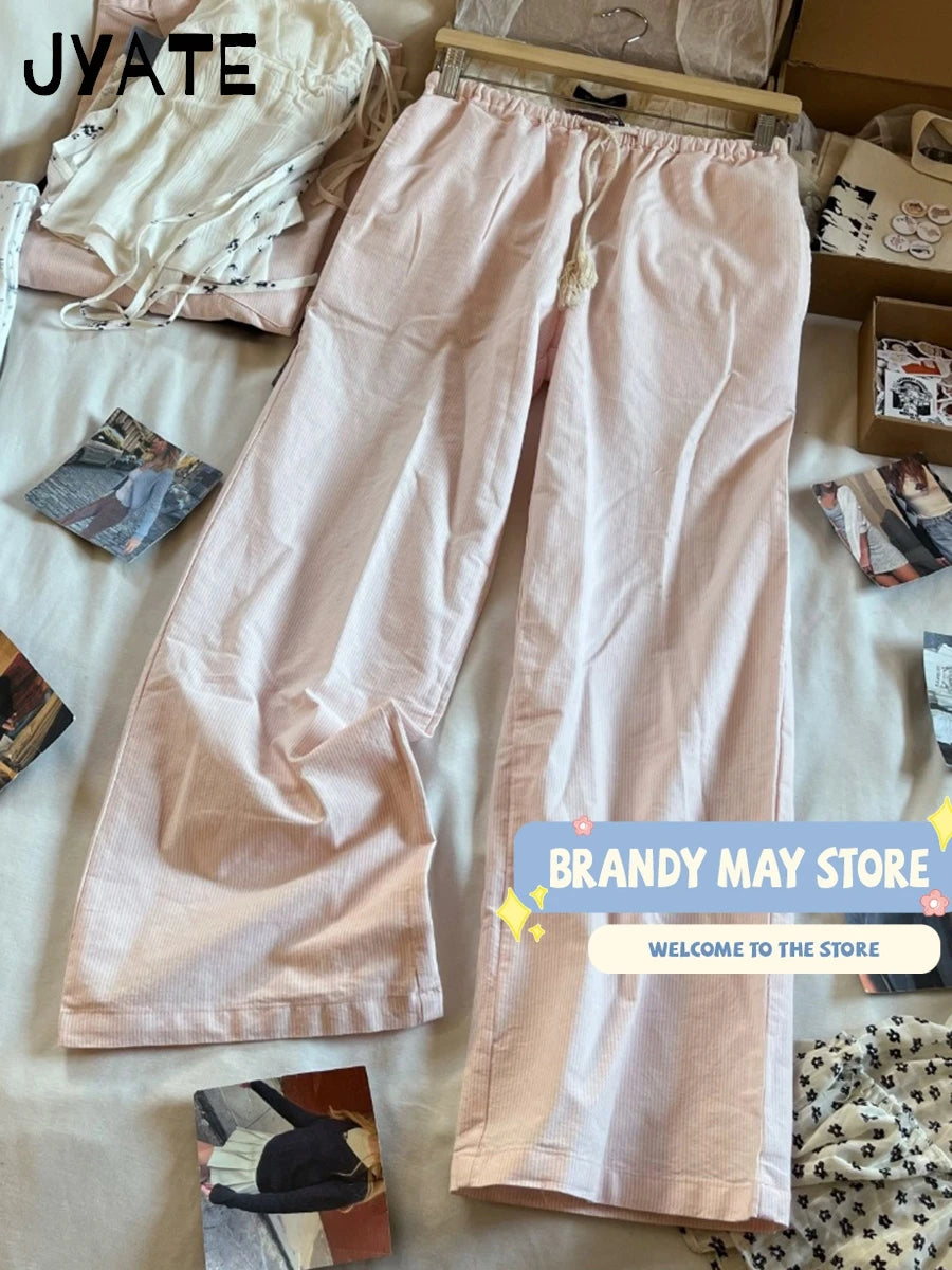 New Pink Striped Drawstring Long Pants Women Cotton Casual High Waist Simple Wide Leg Pant Vintage Loose Streetwear Chic Trouser