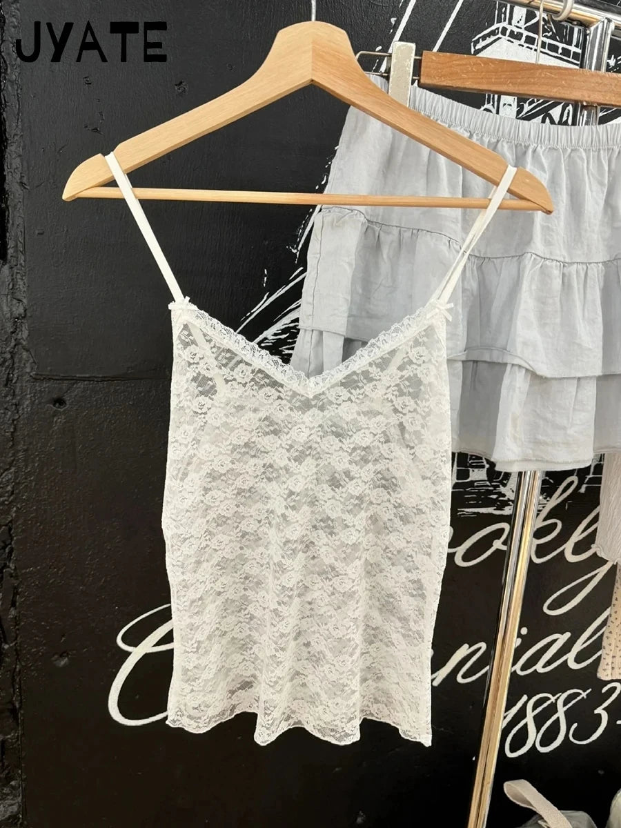 White Lace Bow Transparent Tank Tops Women Summer New Streetwear Sleeveless V-neck Thin Slim Vest Sweet Vintage Sexy Camis Y2K