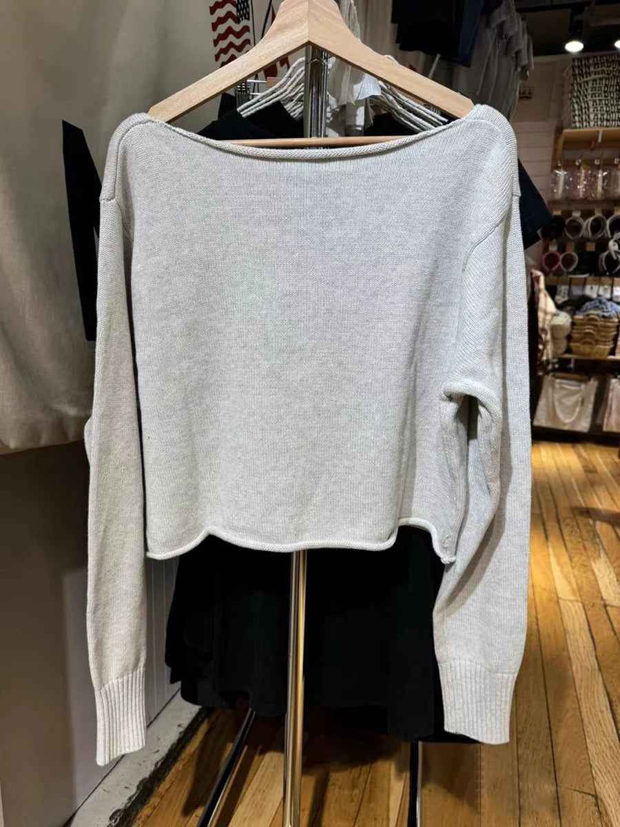 Gray Raw Trim Knit Cropped Sweater Women Scoop Neck Long Sleeve Cotton Loose Jumper Autumn Simple Sweet Oversized Crop Top Y2K