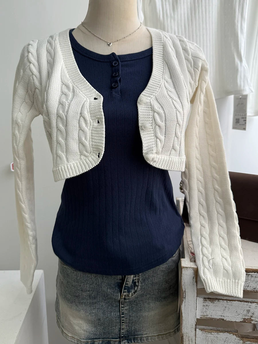 Twisted Flower Cropped Knitwear Women Cotton  V-neck Long Sleeve Slim Crop Tops Sweater Sweet Vintage Chic Zoa Cardigan