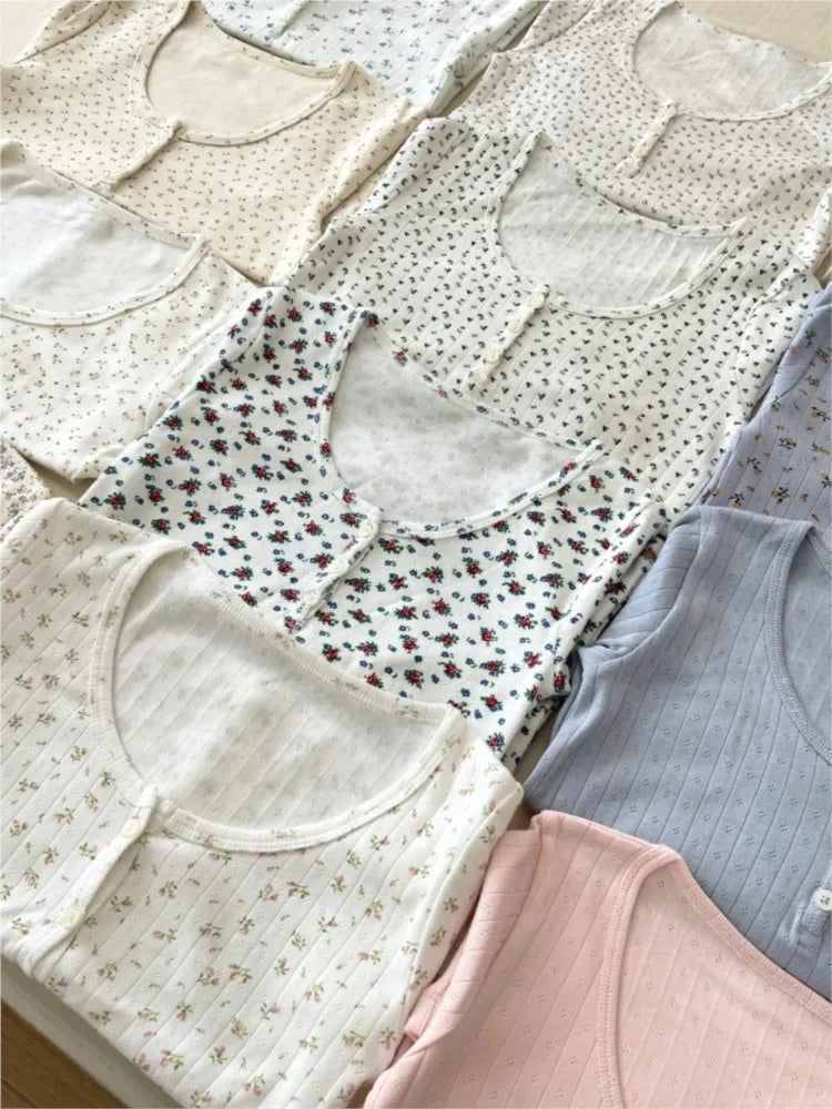 Sweet Eyelet Floral T-shirts Women Summer Casual Cotton Buttons Slim O-neck Short Sleeve Tees Cute Preppy Style Crop Tops Y2K