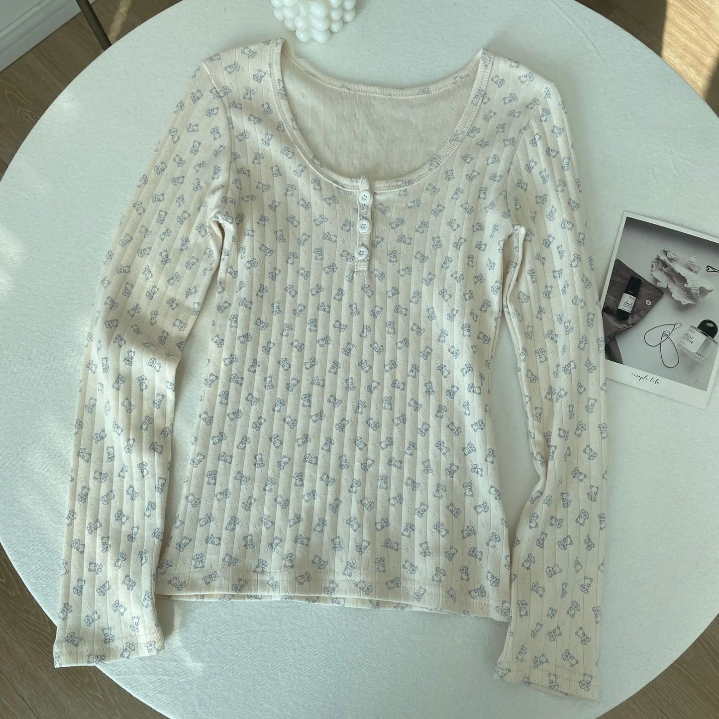 Cute Bear Print Buttons Long Sleeve Tees Women Autumn New Casual Slim Preppy Style Top Shirts Sweet Vintage Pajama T-shirts Y2K
