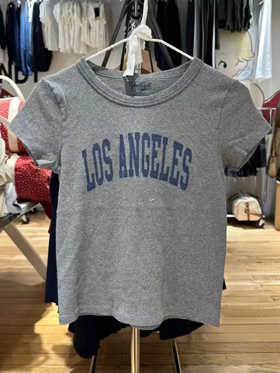 Vintage Basic Letter Print Cotton Crop Tops Women Summer O-neck Simple Gray Short Sleeve Tees Female Harajuku Chic Y2K T-shirts