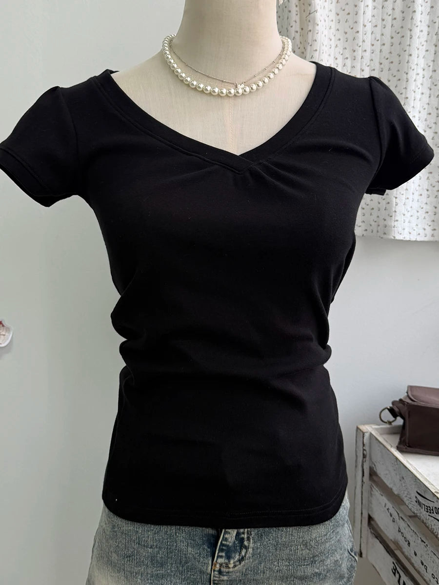 Folds V-neck Basic T-shirt Woman Summer Short Sleeve Cotton Slim Tee Shirts Female Casual Simple All-match Sweet Tshirt Tops