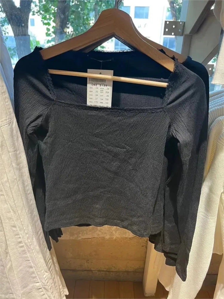 Black Lace Trim Sexy Slim Long Sleeve Tees Women Autumn Square Neck Basic Streetwear Tops Female Simple Sweet Chic Y2K T-shirts