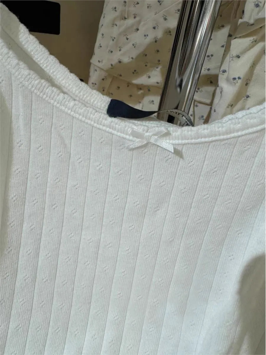Sweet Lace Trim Eyelet White Slim Tank Tops Women Summer Bow Sleeveless Cotton Preppy Style Camisole Vintage Cute Basic Tops Y2K